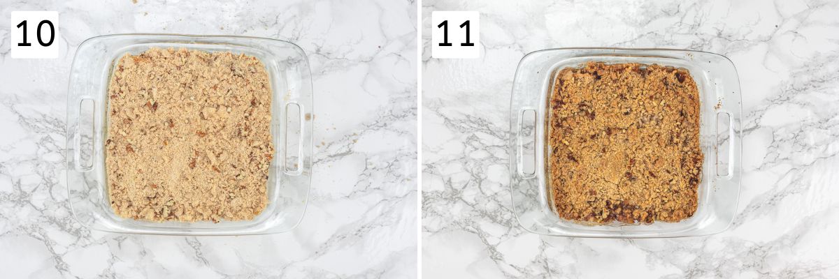 Collage of 2 images showing sprinkling with crumble topping and baked peach crumble.