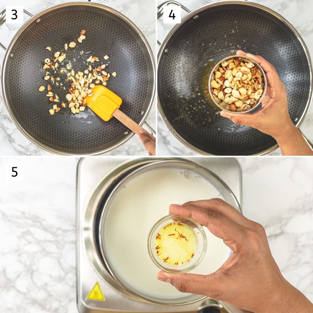 Collage of 3 images showing roasting nuts, removed to a bowl and saffron milk.