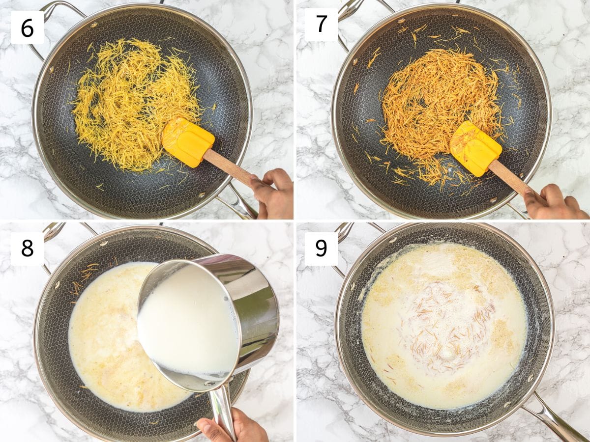 Collage of 4 images showing roasting vermicelli, adding milk and cooking.