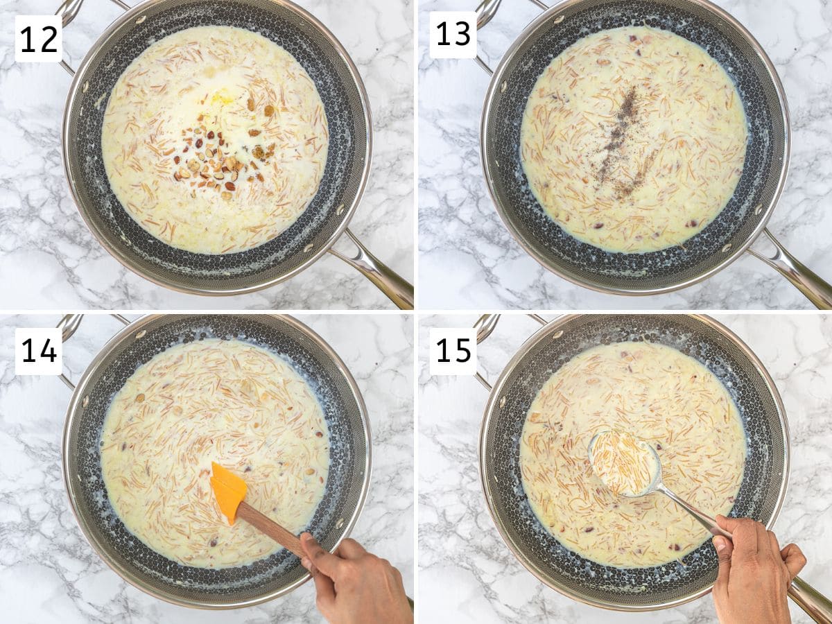 Collage of 4 images showing adding roasted nuts, raisins, cardamom powder and mix.