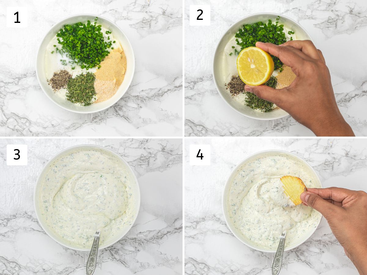 Collage of 4 images showing adding and mixing everything in a bowl, tasting with a potato chip.