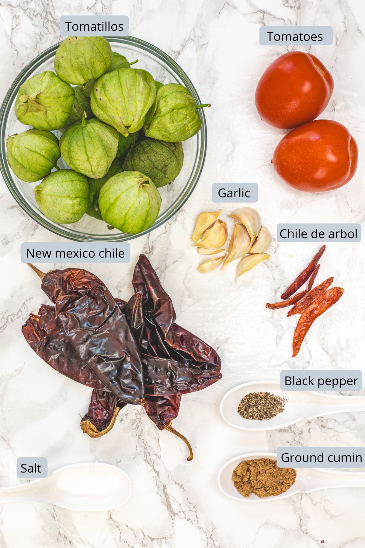 tomatillo red chili salsa recipe ingredients on a marble surface in bowl and spoons with labels.