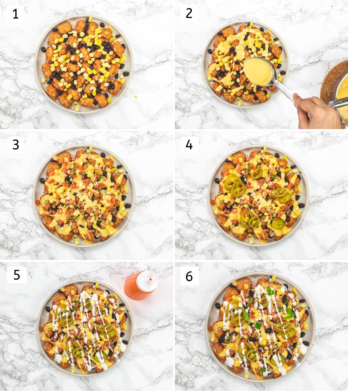 Collage of 6 images showing assembling totchos in a plate with tater tots and toppings.