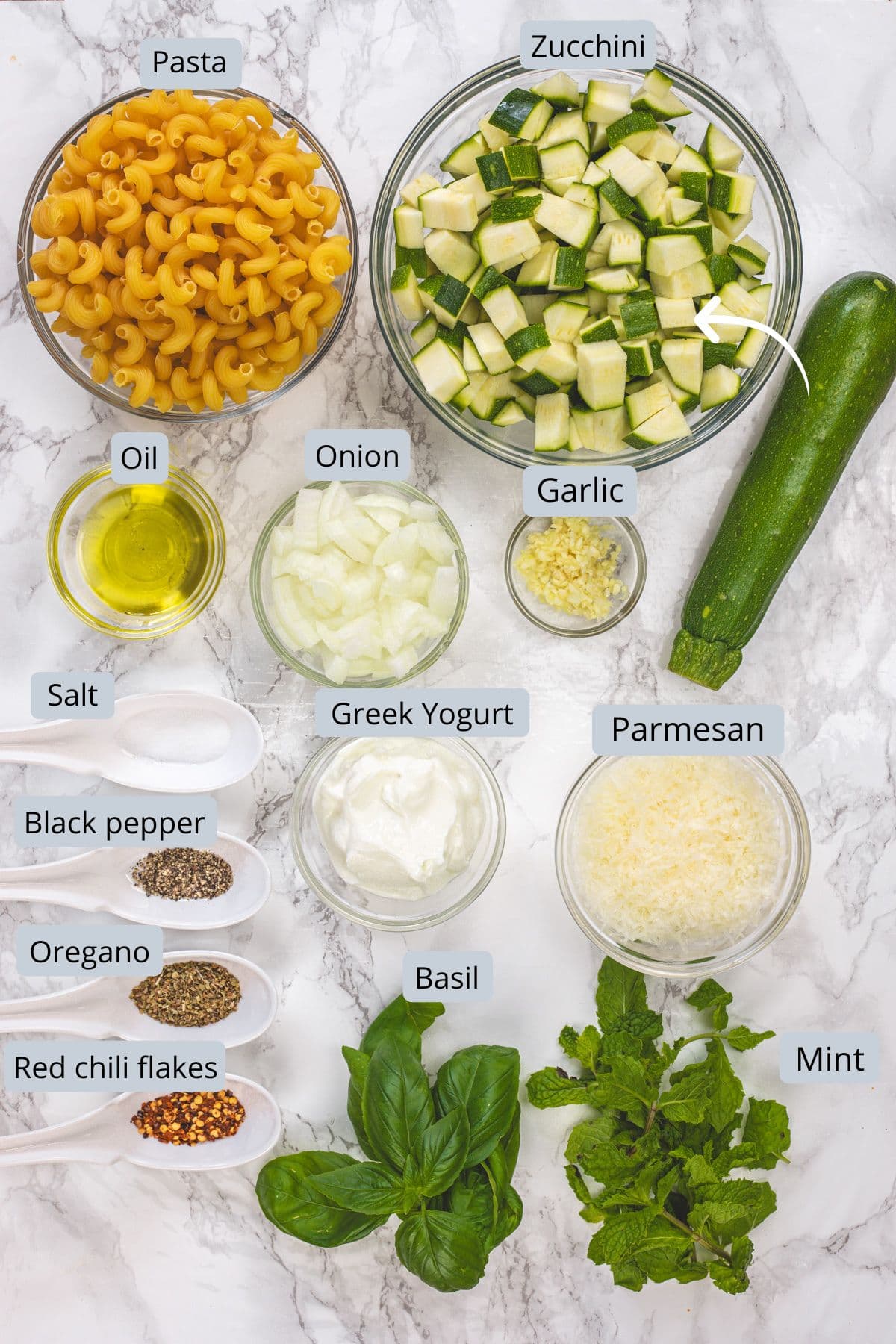 Zucchini pasta ingredients in bowls and spoons with labels.