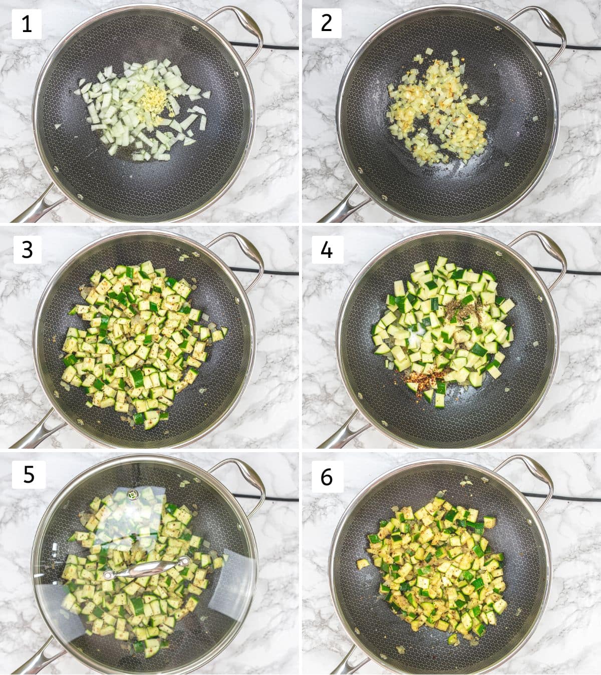 Collage of 6 images showing cooking onion and zucchini in a pan with a lid on.