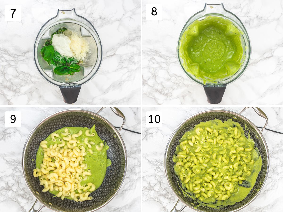 Collage of 4 images showing blending sauce and maxing with cooked pasta.