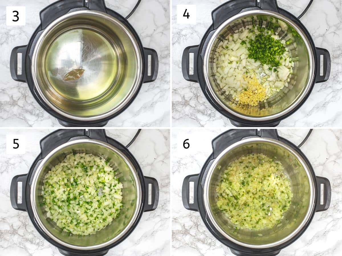 Collage of 4 images showing cooking onion, garlic and jalapeno in instant pot.