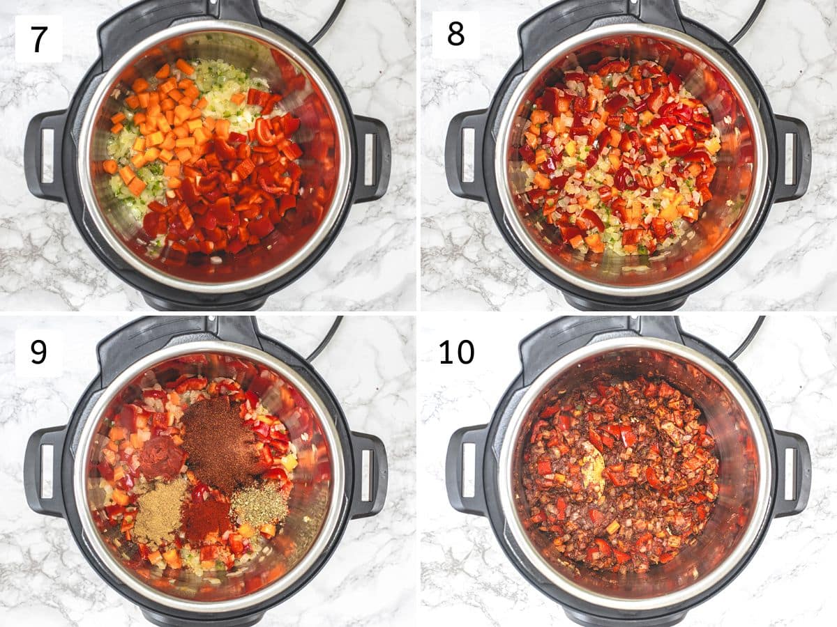 Collage of 4 images showing adding and mixing veggies and spices.