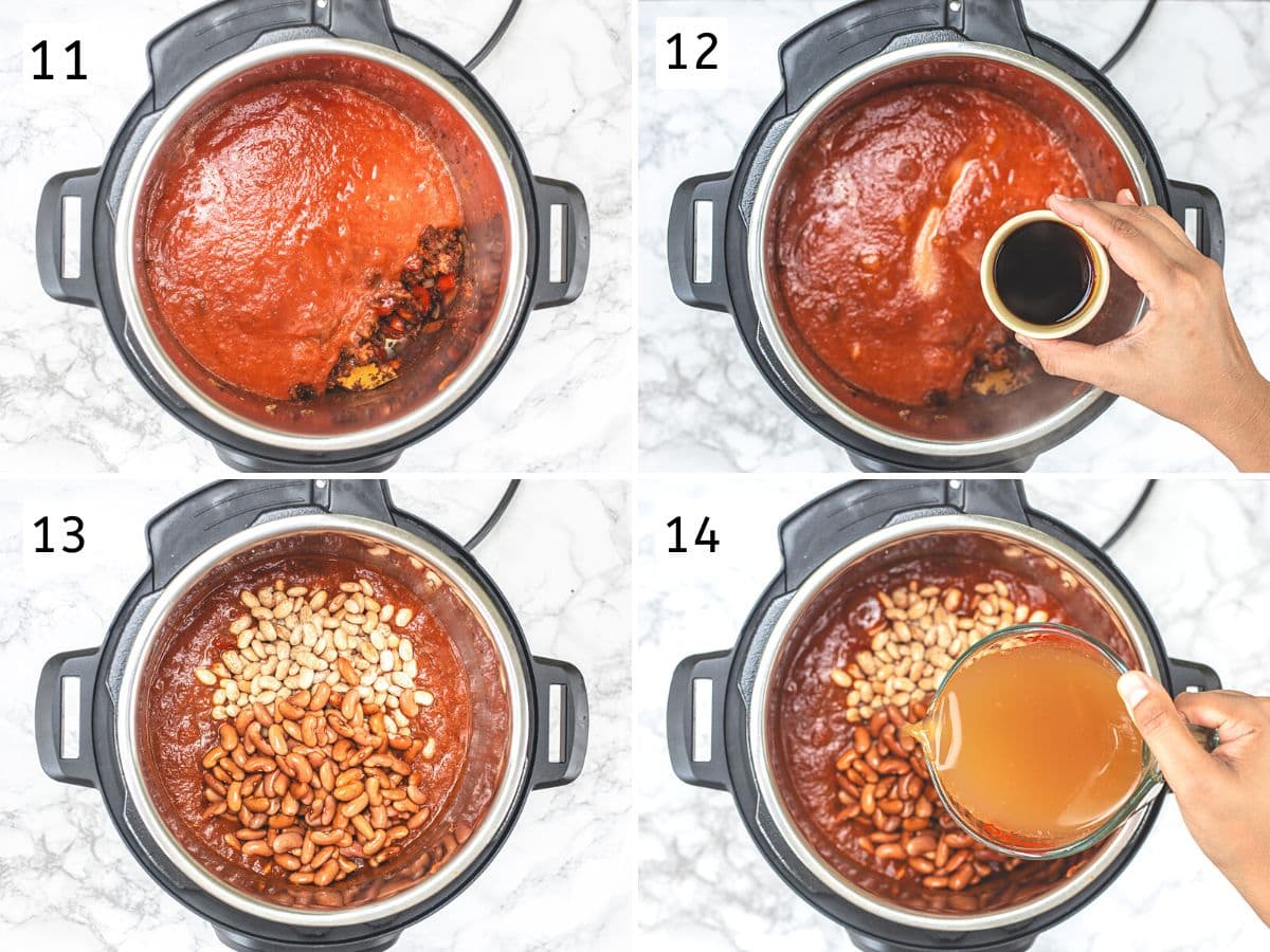 Collage of 4 images showing adding and mixing pureed tomatoes, soy sauce, beans and vegetable stock.