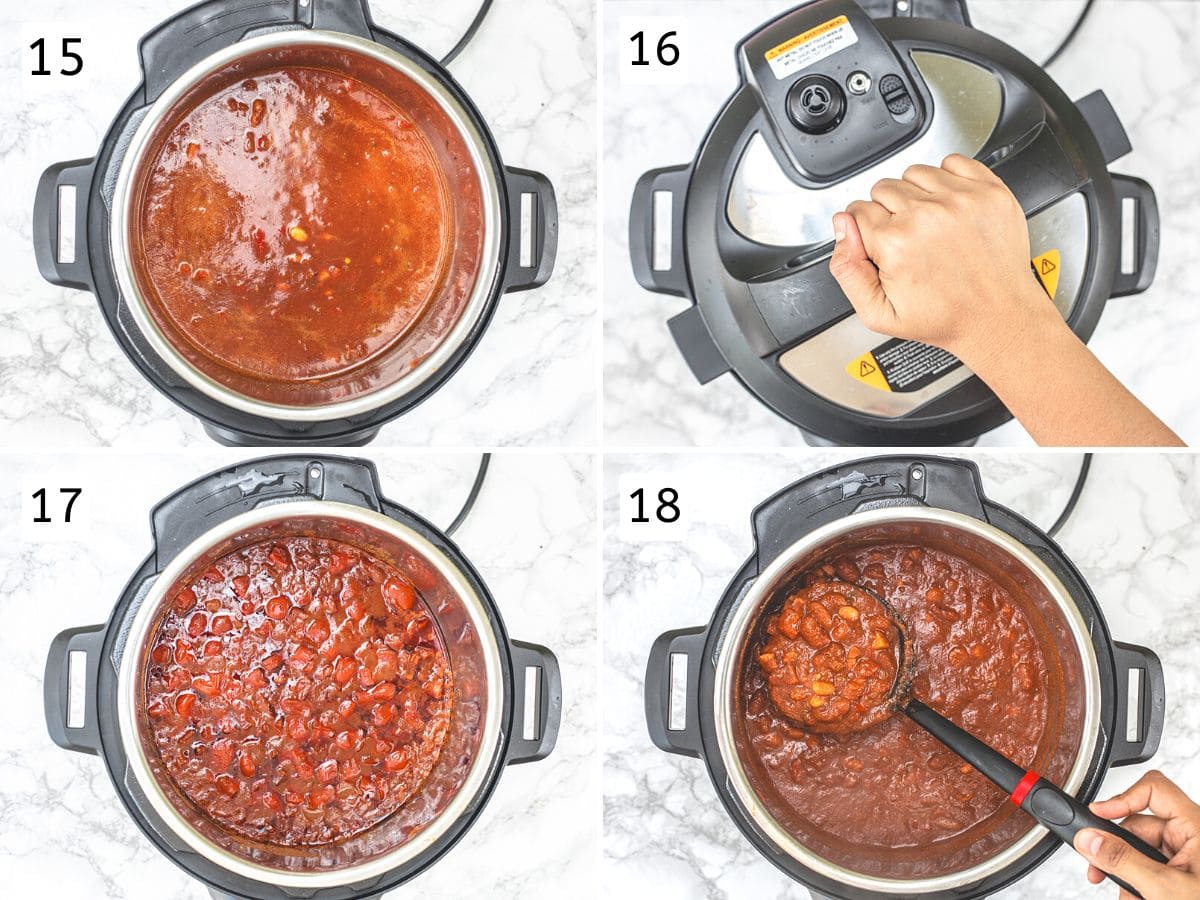 Collage of 4 images showing covering instant pot with a lid and cooked chili.