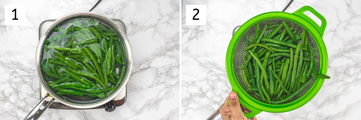 Collage of 2 images showing blanching green beans and removing in a colander.