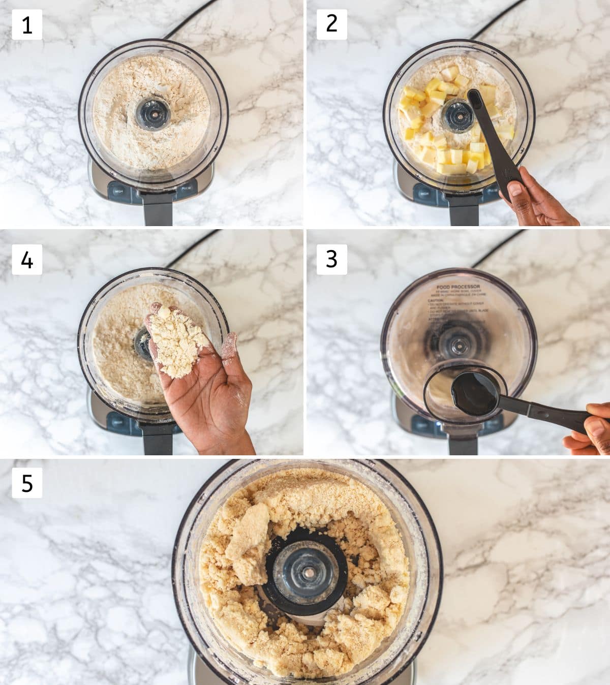 Collage of 5 images showing making pie dough in food processor.