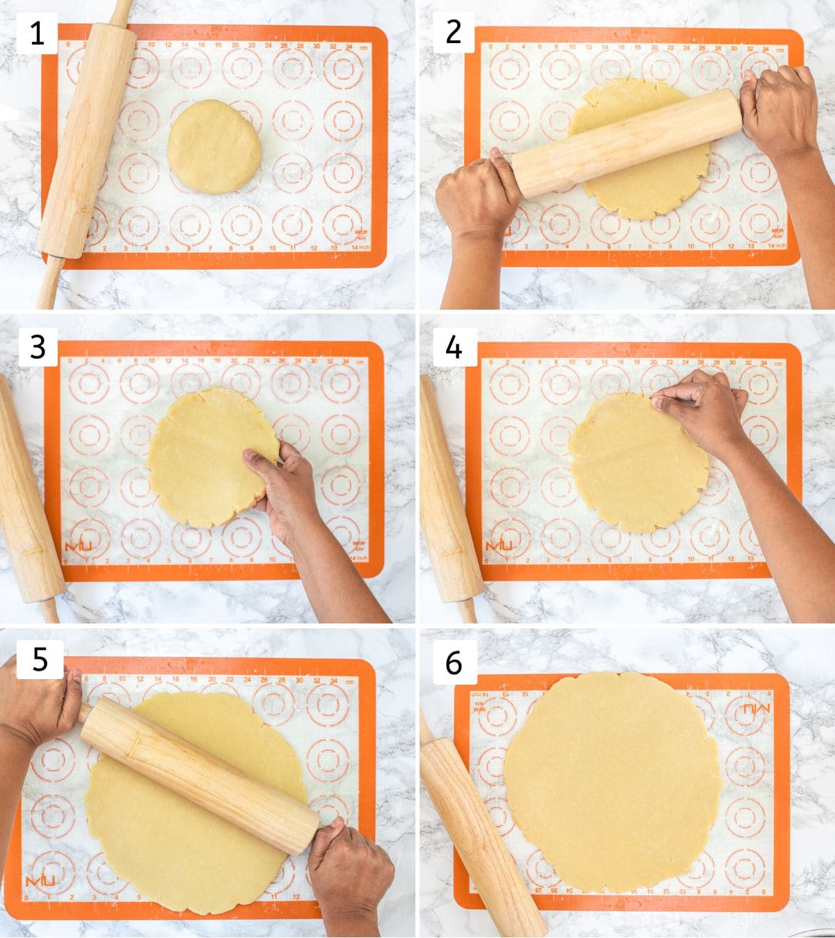 Collage of 6 images showing rolling pie curst using rolling pin.