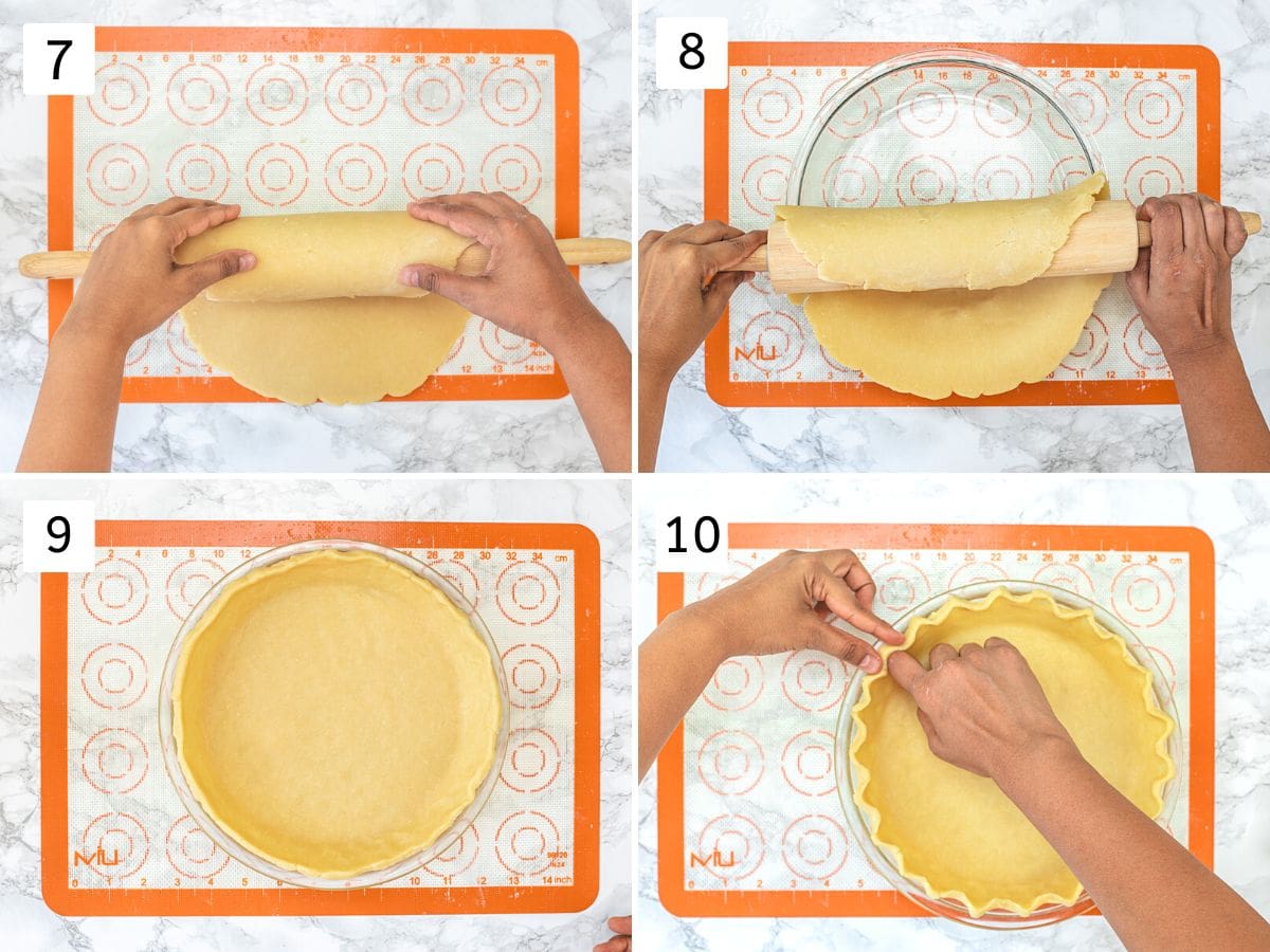 Collage of 4 images showing transferring rolled pie crust to a pie plate and shaping the edges.