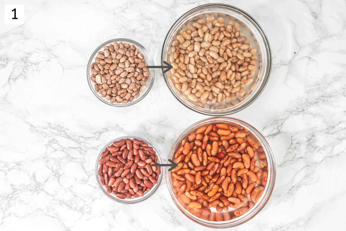 2 bowls of dry beans and 2 bowls of soaked beans.