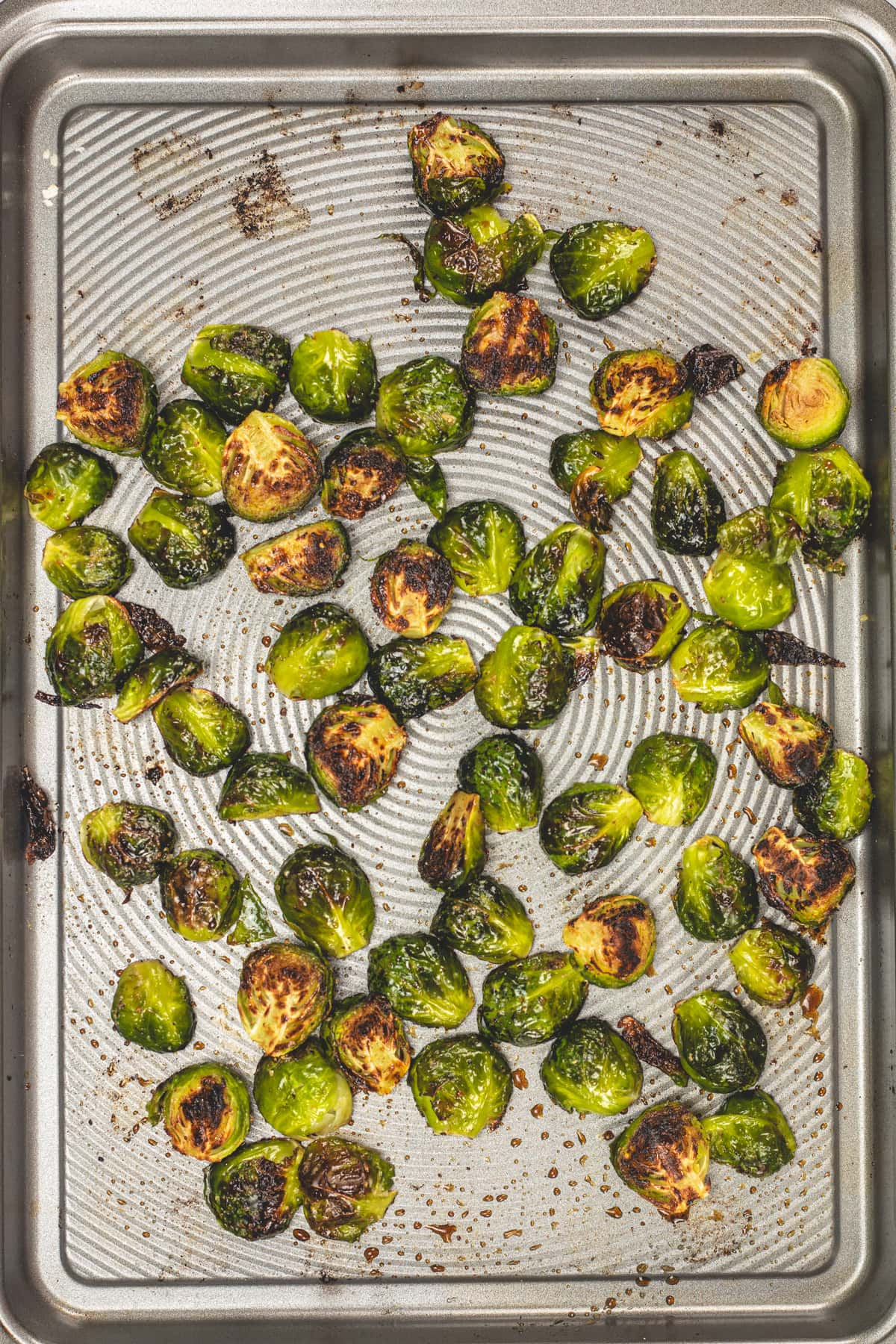 Balsamic Roasted Brussels Sprouts in a baking tray.