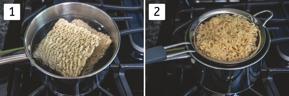 Collage of 2 images showing cooking ramen noodles in boiling water.