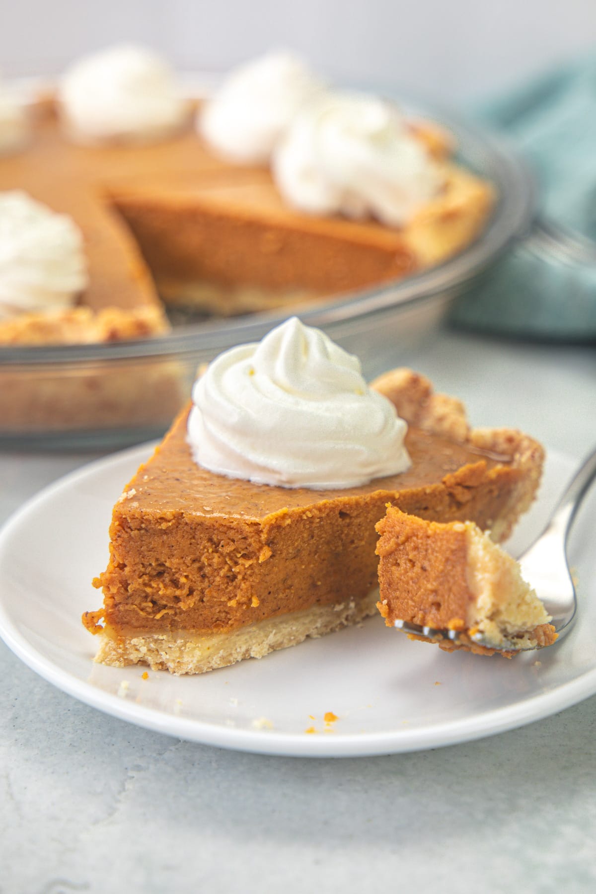 A bite is taken from a slice of eggless pumpkin pie.