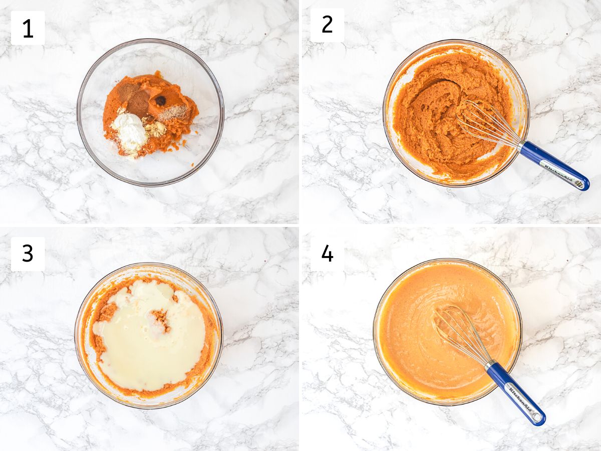 Collage of 4 images showing mixing pie filling ingredients.