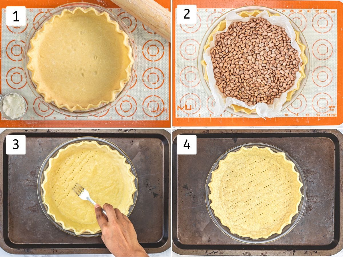 Collage of 4 images showing blind-baking pie crust with dry beans and pricking with fork.