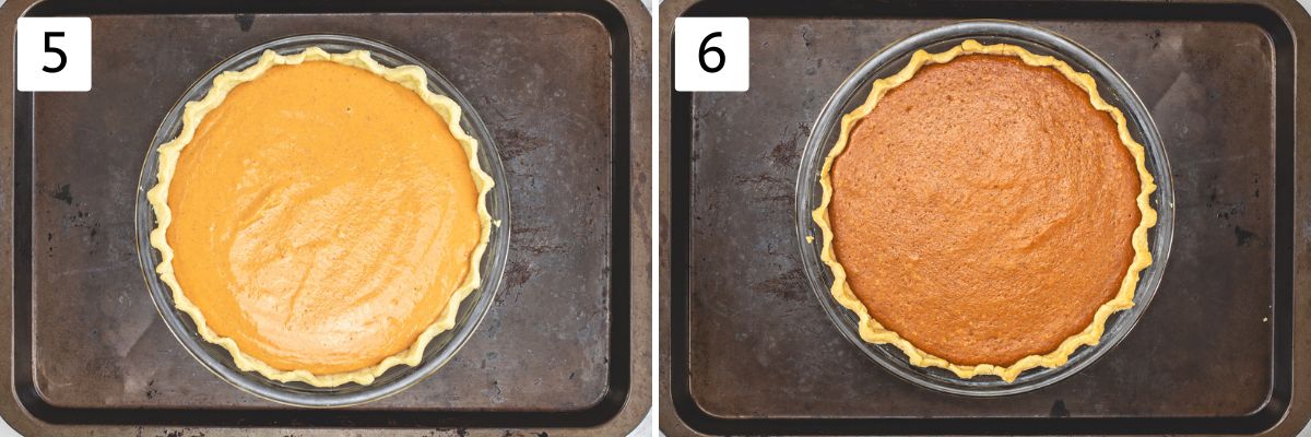 Collage of 2 images showing adding pie filling to pre-baked crust and baking pie.