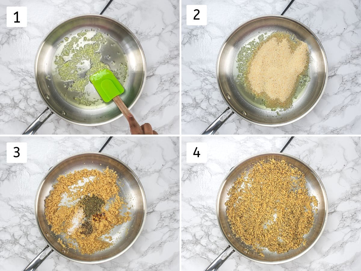 Collage of 4 images showing sauteing garlic, breadcrumbs and parmesan cheese.