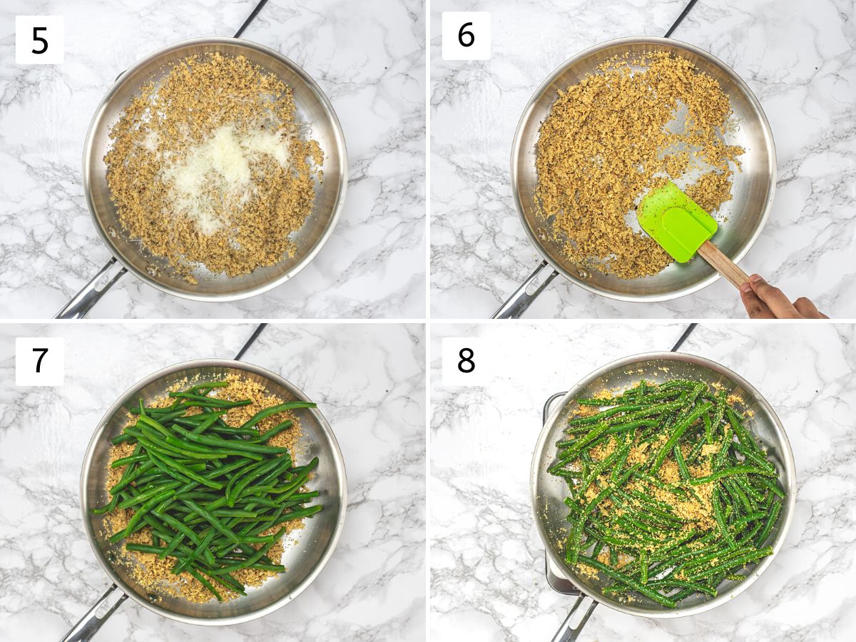 Collage of 4 images showing adding and mixing green beans.