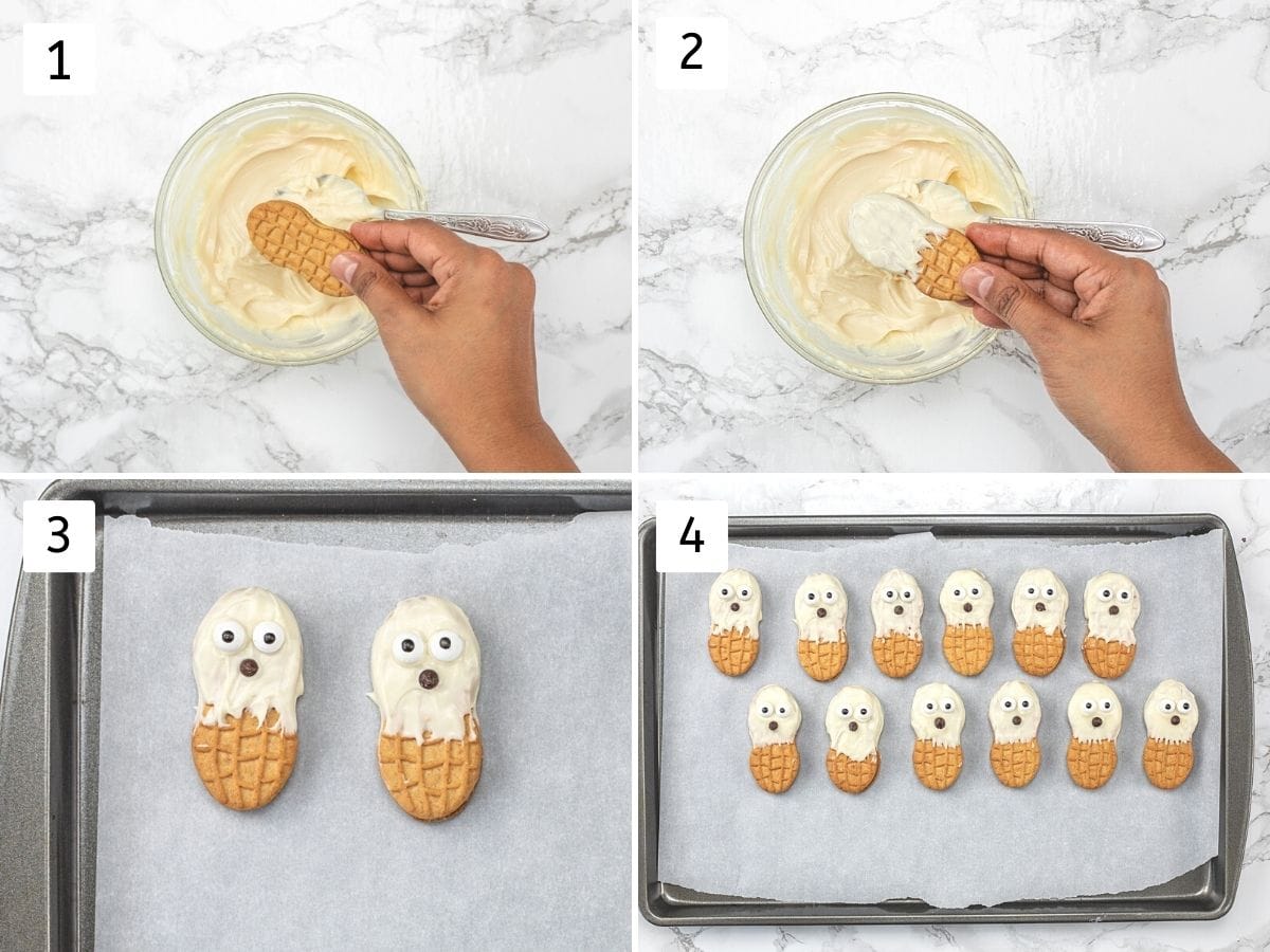 Collage of 4 images showing dipping nutter butter into candy melts and placing eyes and mouth.