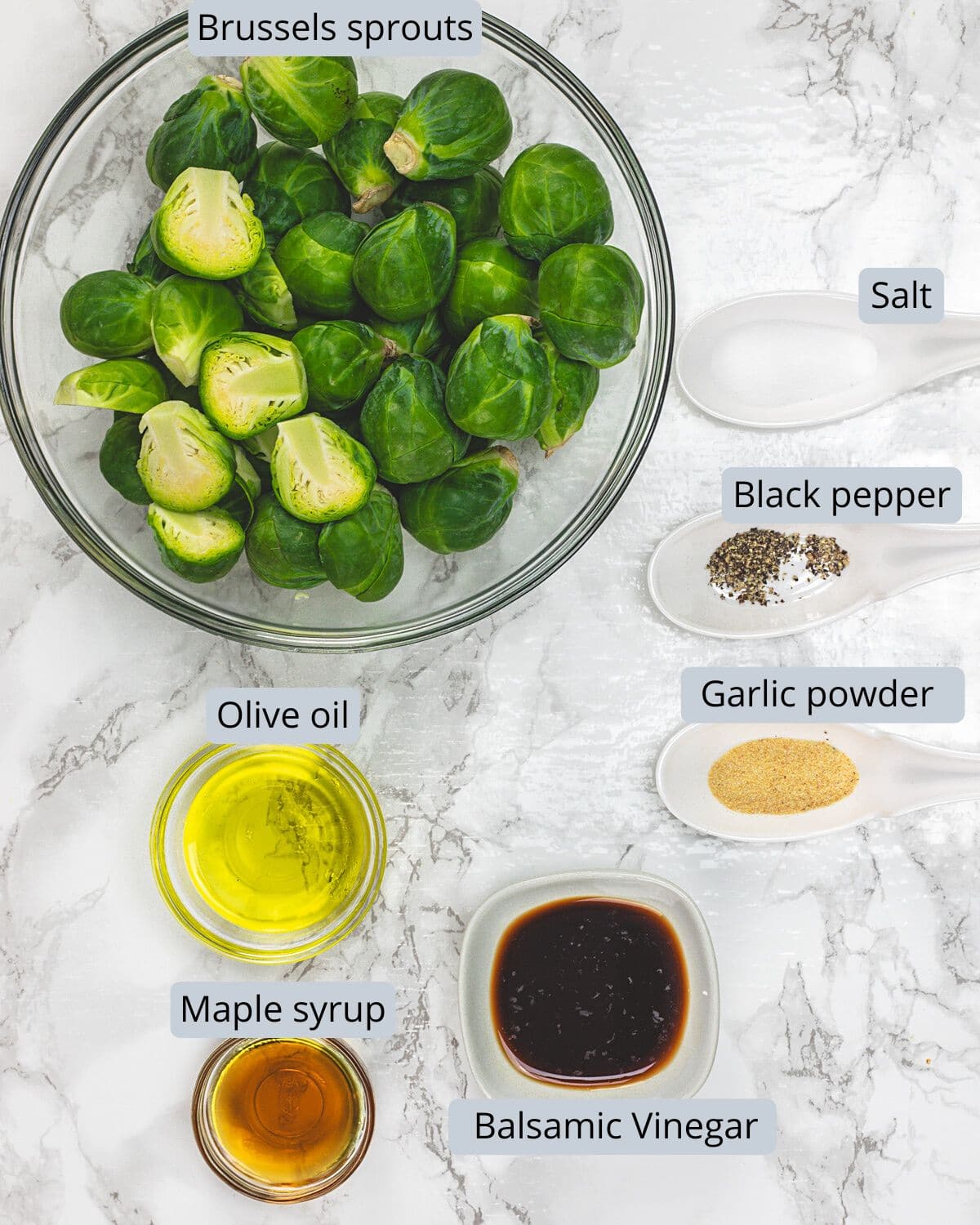 Balsamic Roasted Brussels Sprouts ingredients in bowls and spoons with labels.