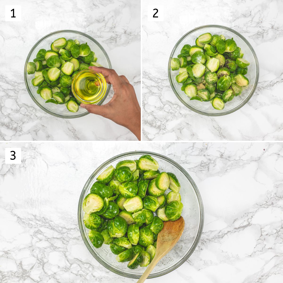 Collage of 3 images showing adding oil and seasoning to Brussels sprouts and tossed.