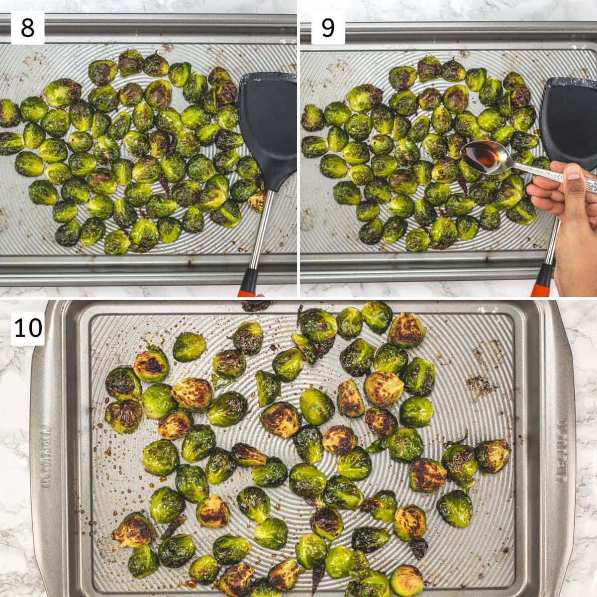 Collage of 3 images showing adding balsamic vinegar to roasted brussels sprouts and mixed.