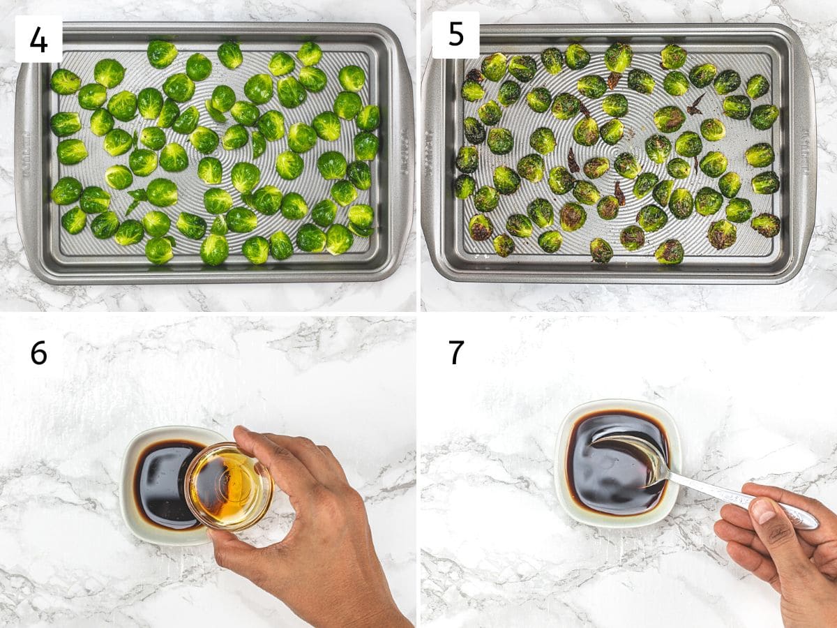 Collage of 4 images showing roasting brussels sprouts and mixing balsamic vinegar and maple syrup.