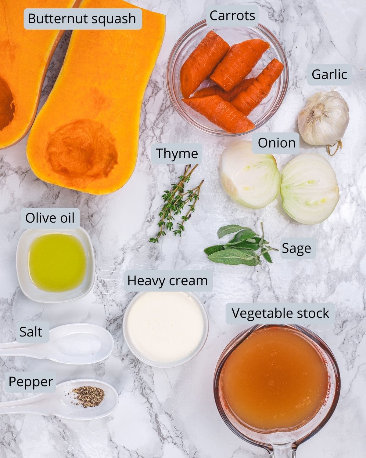 Roasted butternut squash soup ingredients in bowls and spoons with labels.