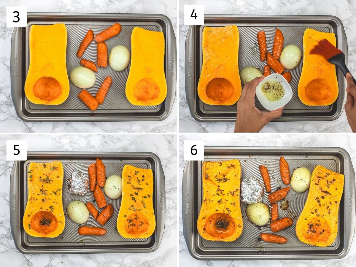 Collage of 4 images showing adding vegetables in a baking sheet, adding seasoning and roasted veggies.