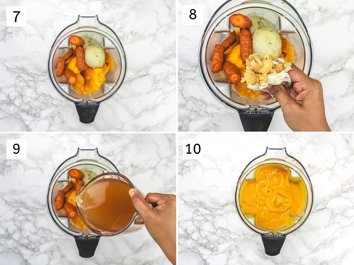 Collage of 4 images showing adding roasted veggies into blender, squeezing garlic pulp, adding vegetable stock and blended soup.