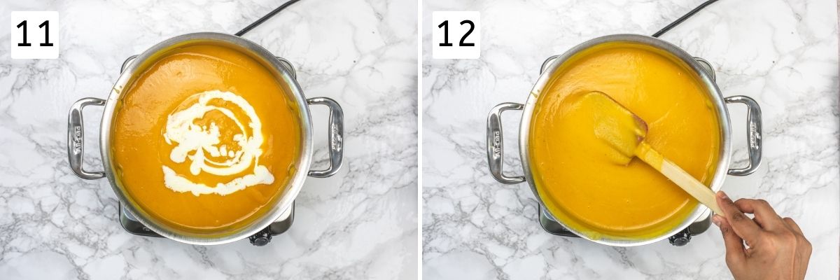 Collage of 2 images showing adding cream to the soup and mixing.