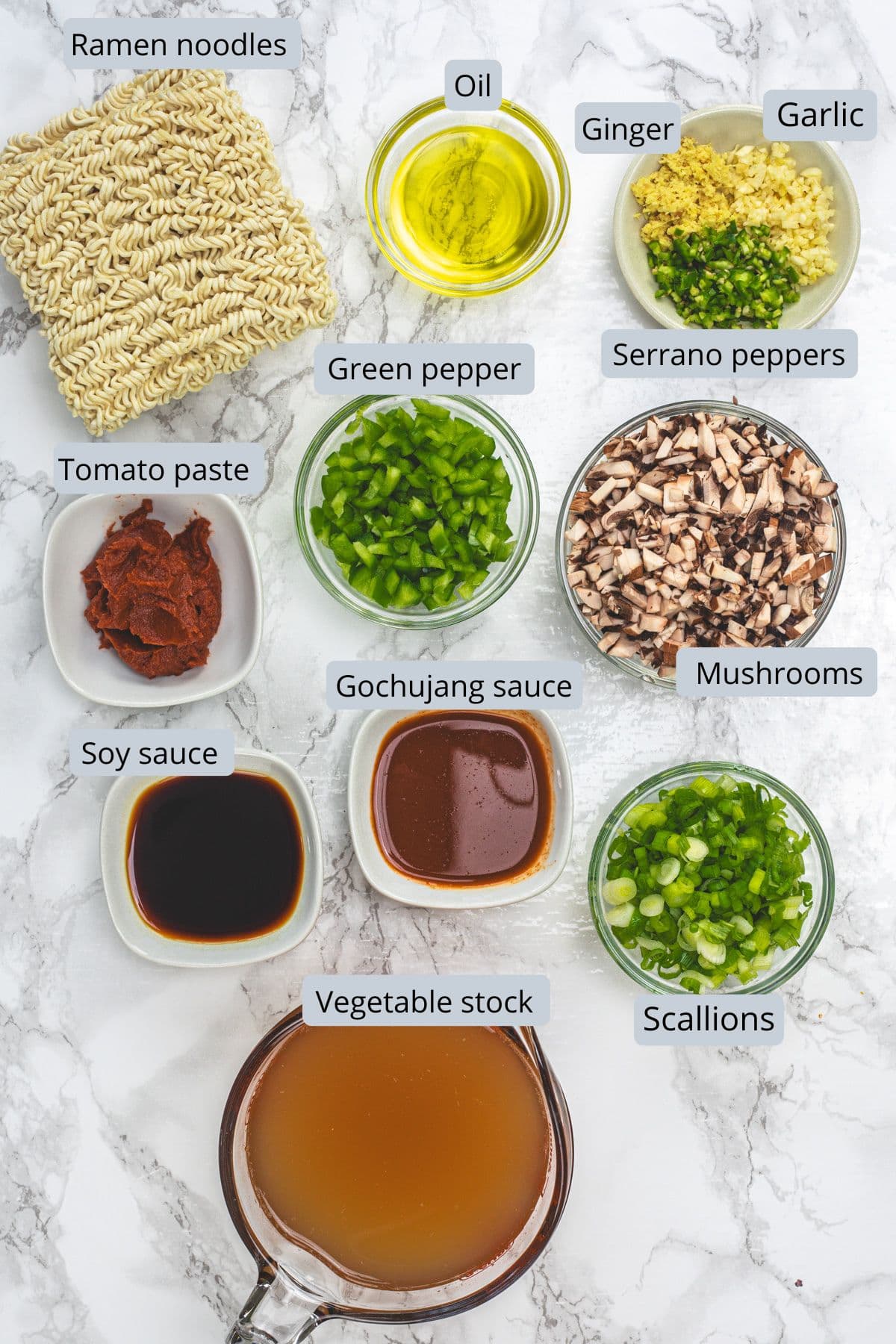 Spicy ramen noodles ingredients in bowls and spoons with labels.