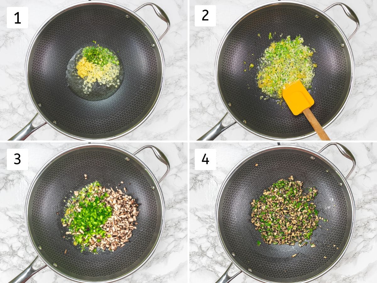 Collage of 4 images showing sauteing ginger, garlic, chili, scallions and mushrooms.