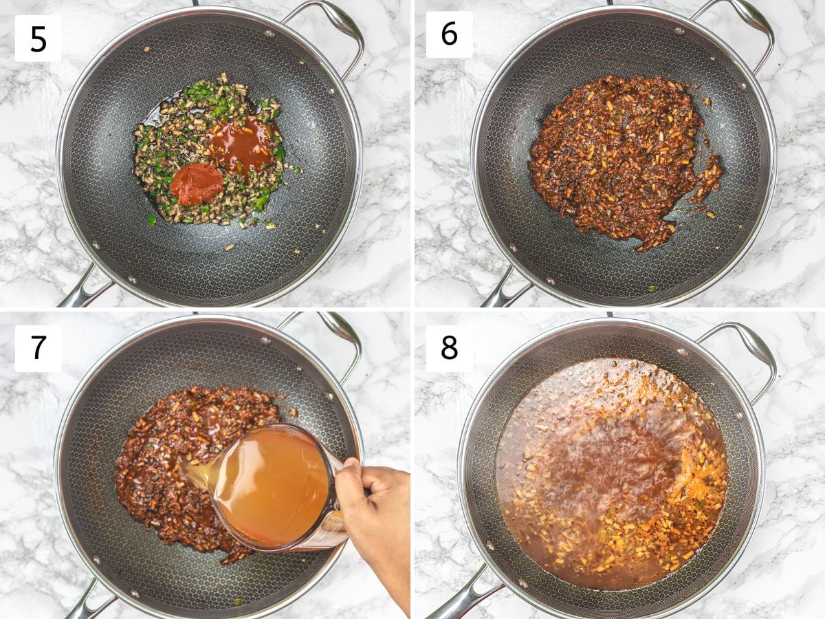 Collage of 4 images showing adding sauces and tomato paste and adding vegetable broth.