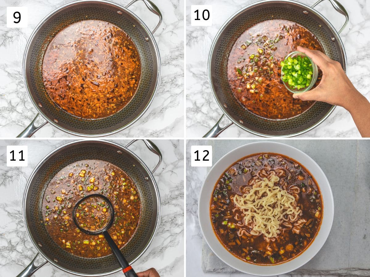 Collage of 4 images showing adding scallions, cooking broth and serving in a bowl with noodles.
