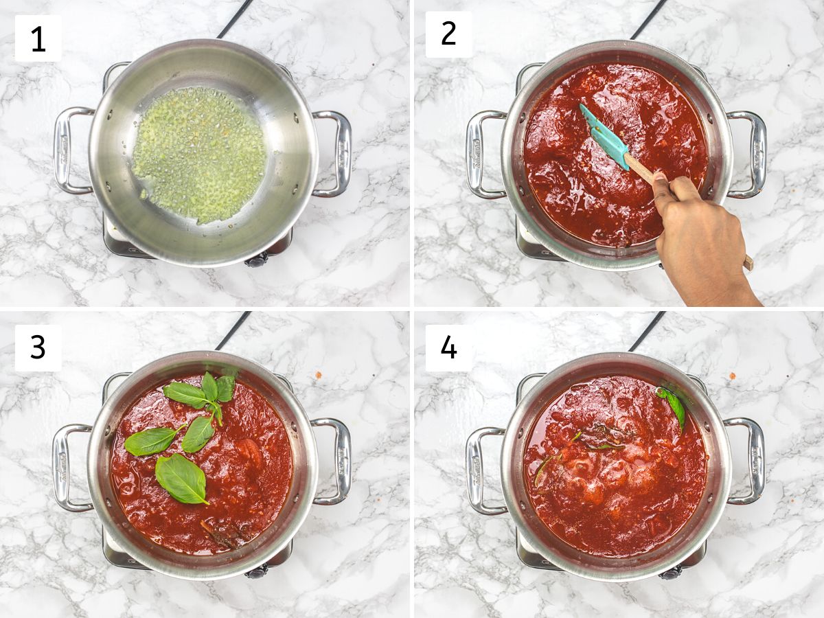 Collage of 4 images showing sauteing garlic, adding whole tomatoes, basil and simmering.