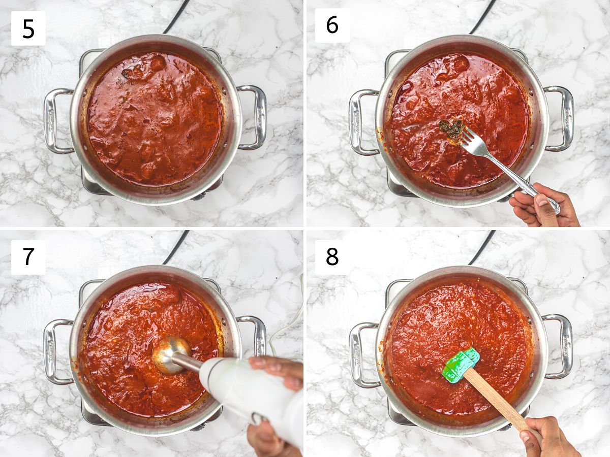 Collage of 4 images showing cooked sauce, removing basil leaves, crushing slightly.