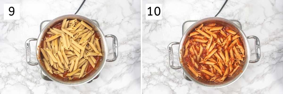 Collage of 2 images showing adding cooked penne pasta and mixed.