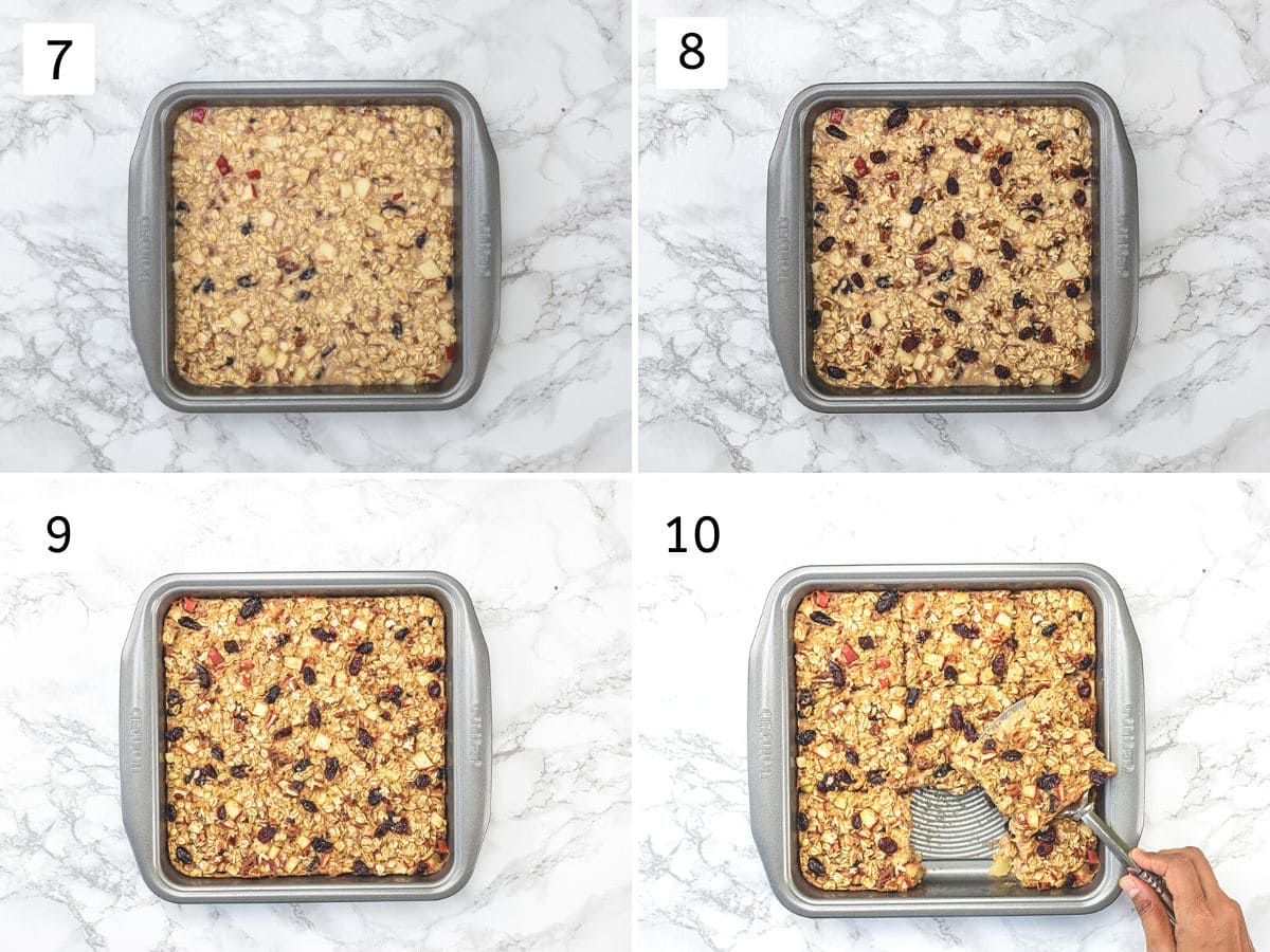 Collage of 4 images showing prepared mixture in a pan, baked oatmeal and cutting into slices.