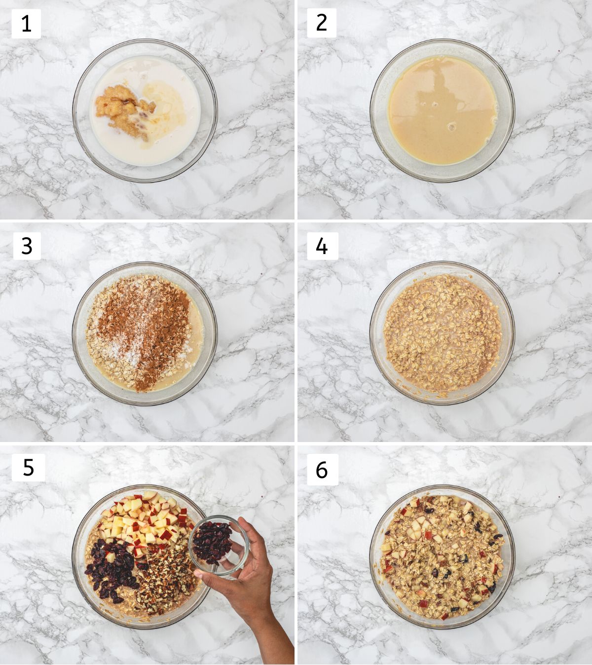 Collage of 6 images showing mixing wet ingredients, adding oats and rest ingredients.