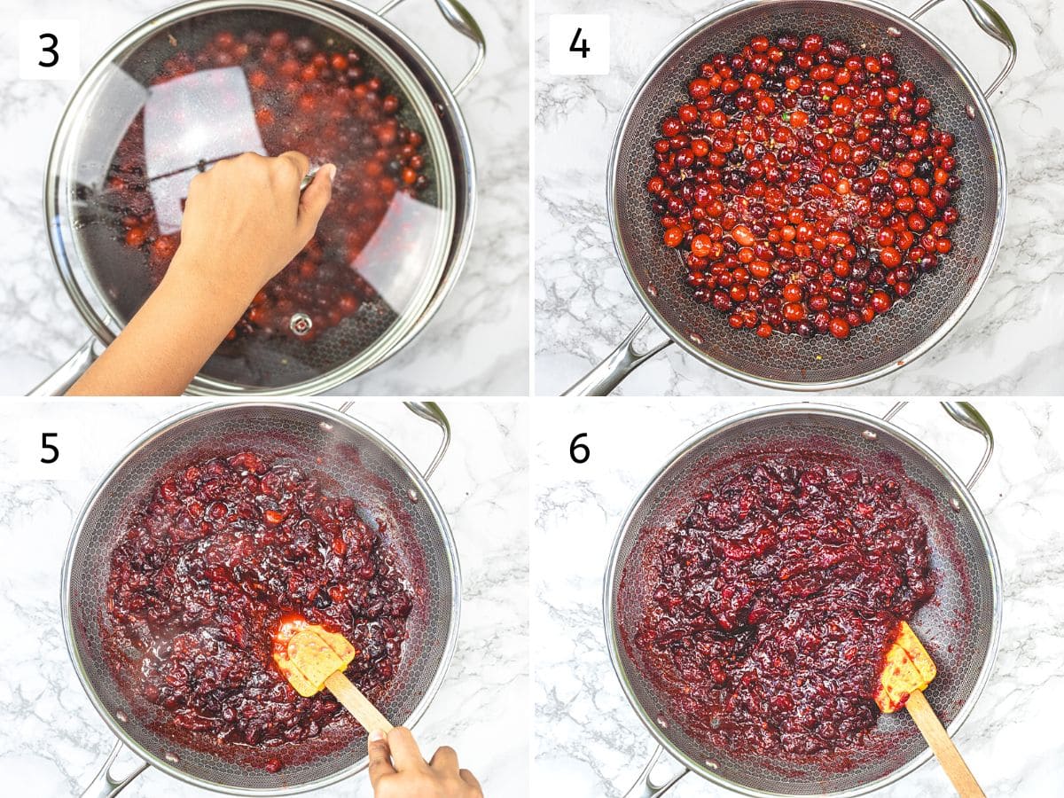 Collage of 4 images showing cooking the mixture, covering the pan, mashing the chutney.