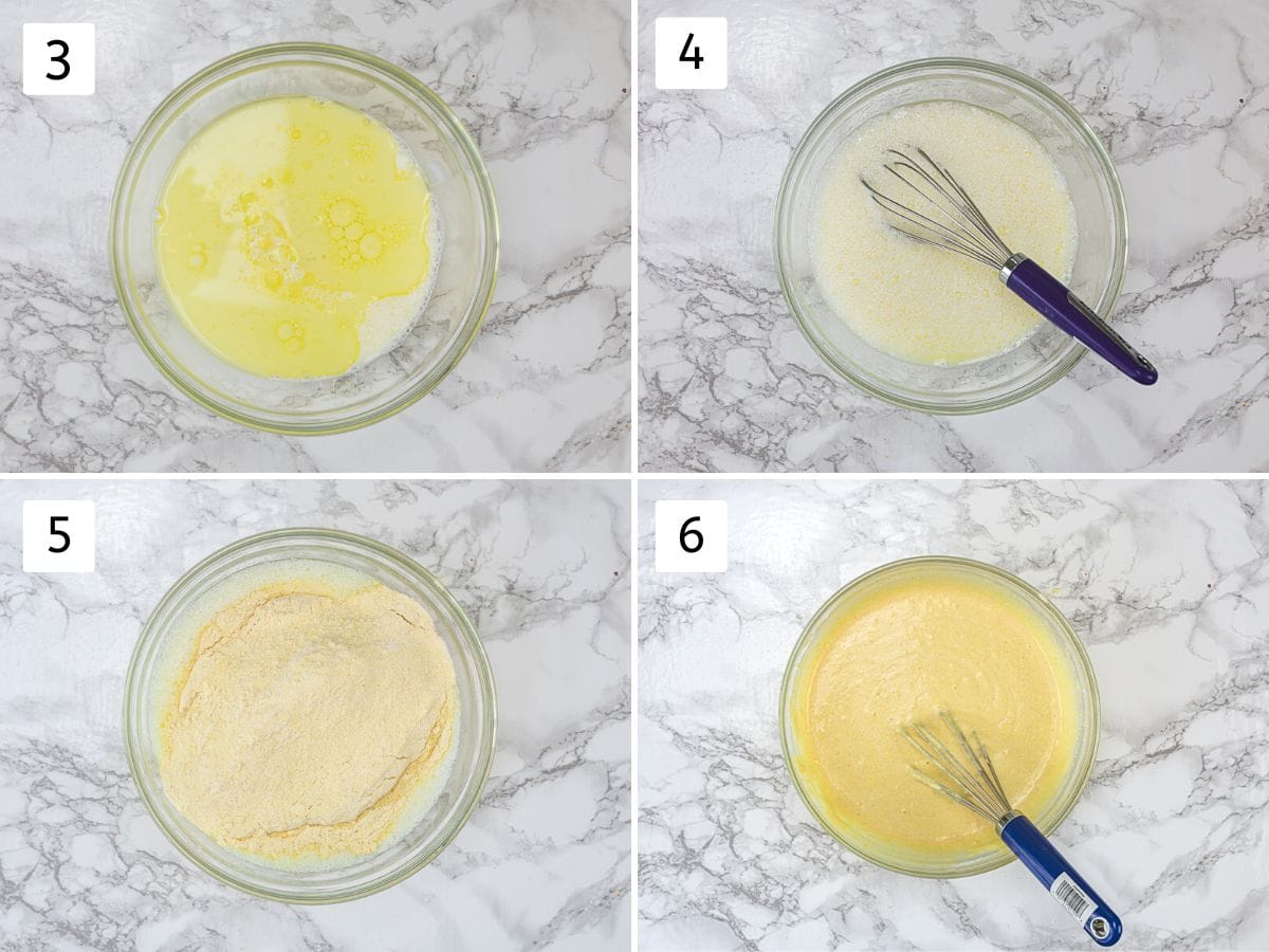 Collage of 4 images showing wet ingredients in a bowl, mixed, dry ingredients added and batter is made.