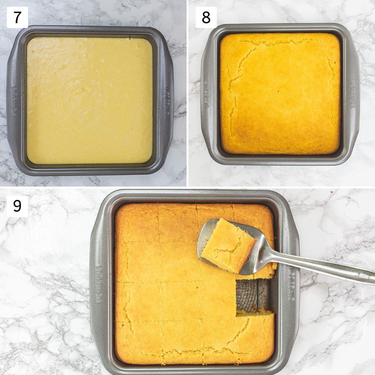 Collage of 3 images showing cornbread batter in a pan, baked cornbread and cut into pieces.