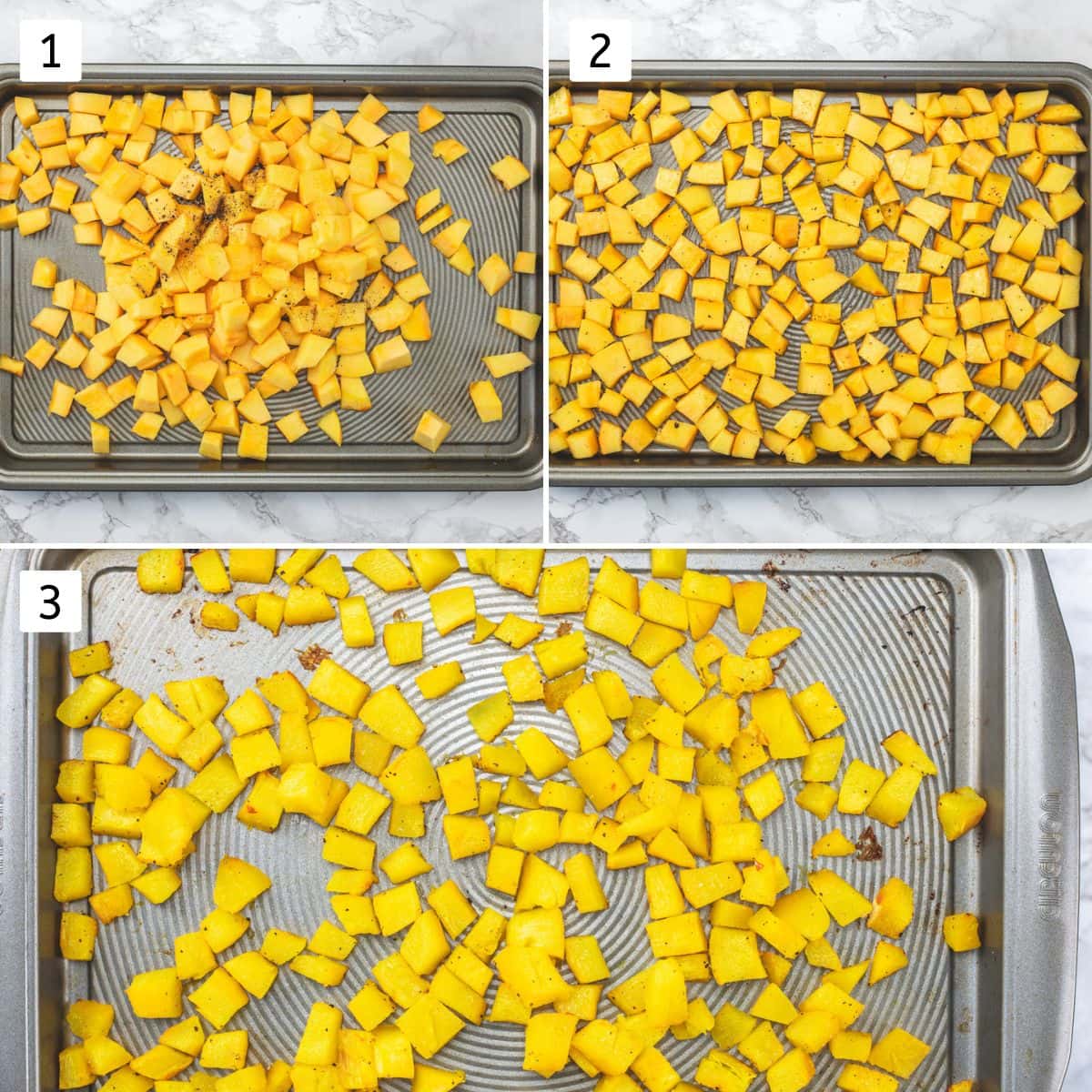 Collage of 3 images showing coating pumpkin with oil and seasonings and roasted.