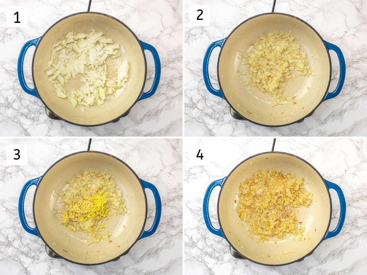 Collage of 4 images showing sauteing onion, ginger and garlic.